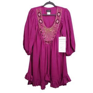 Ashro Womens Top Pink Medium Flowy Embellished Blouse 3/4 Sleeves Fuchsia